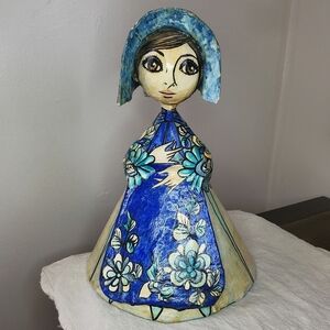 Vintage Hand Painted Paper Mache Doll Sculpture With Bonnet + Blue Floral Dress